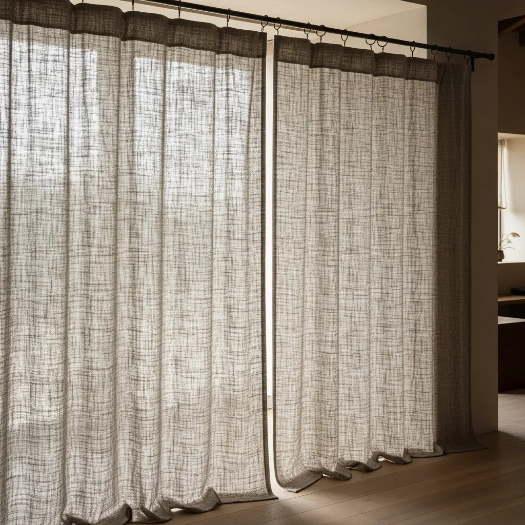 Custom textured linen curtains with intricate weave patterns and natural fibers
